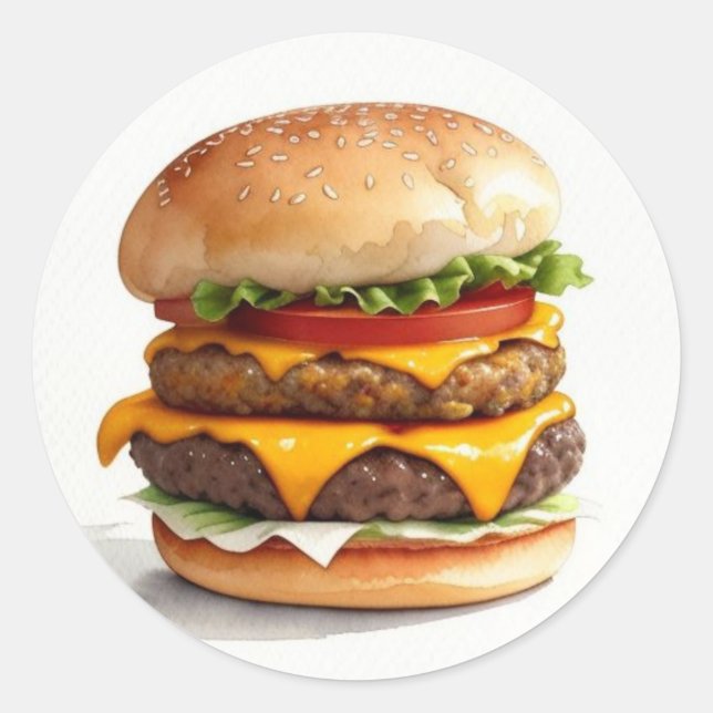 Watercolor Drawing of Cheeseburger Classic Round Sticker (Front)