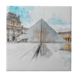 Watercolor drawing of the Louvre Paris, France Ceramic Tile