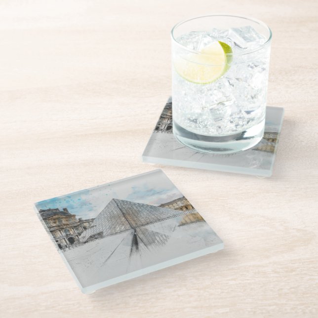 Watercolor drawing of the Louvre Paris, France  Glass Coaster (Angled)
