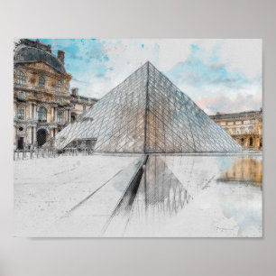 Watercolor drawing of the Louvre Paris, France Poster