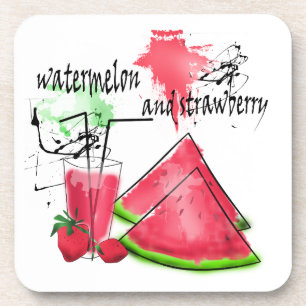 Watercolor drawing of watermelon and strawberries coaster