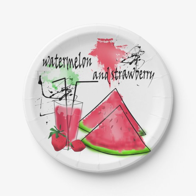 Watercolor drawing of watermelon and strawberries  paper plate (Front)