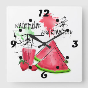 Watercolor drawing of watermelon and strawberries  square wall clock