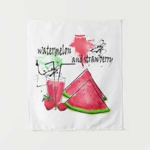 Watercolor drawing of watermelon and strawberries  tapestry