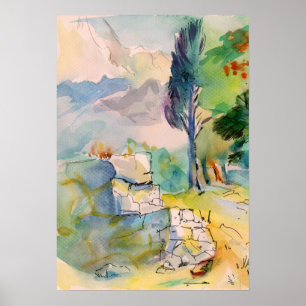 Watercolor drawing with an old wall against mounta poster