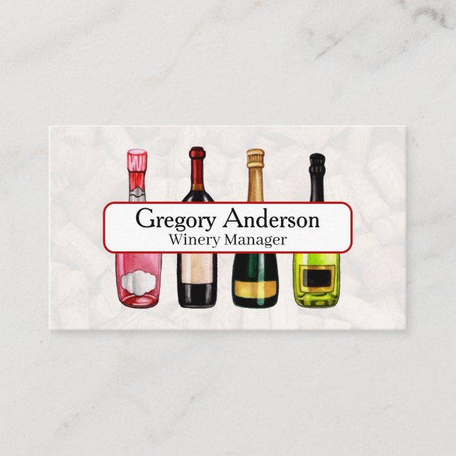 Watercolor Drawn Wine Bottles Business Card (Front)