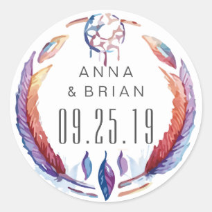 Watercolor Dream Catcher Feathers Boho Wedding Classic Round Sticker