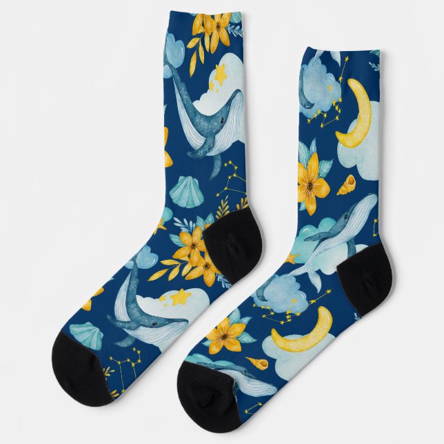 Watercolor dream of whales in blue socks (Left)