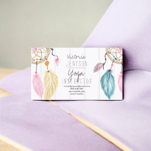 Watercolor dreamcatcher feathers wood yoga business card