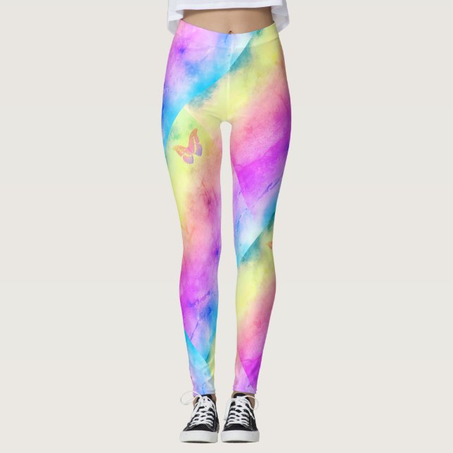 [Watercolor Dreams] Soft Pastel Colours Butterfly Leggings (Front)