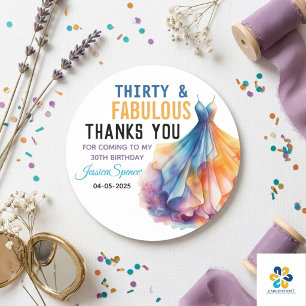 Watercolor Dress 30th Birthday Elegant & Feminine  Classic Round Sticker