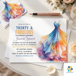 Watercolor Dress 30th Birthday Elegant & Feminine  Invitation
