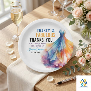 Watercolor Dress 30th Birthday Elegant & Feminine  Paper Plate
