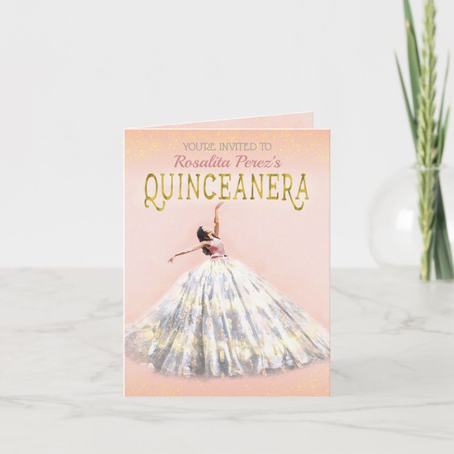 Watercolor Dress Blush Pink Gold Quinceanera Fancy Invitation (Front)