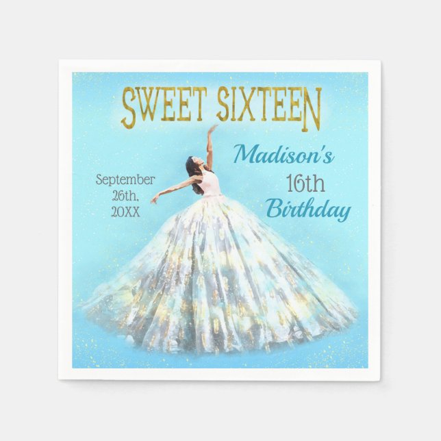 Watercolor Dress Royal Blue Gold Sweet 16 Birthday Napkin (Front)