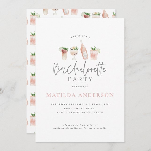watercolor drink bachelorette party photo announcement (Front/Back)