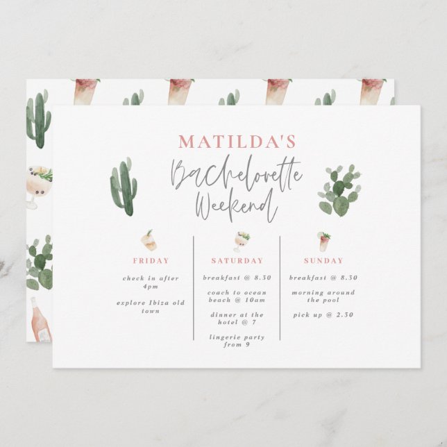 Watercolor drinks bachelorette weekend itinerary (Front/Back)