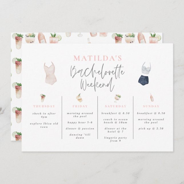 Watercolor drinks bachelorette weekend itinerary (Front/Back)