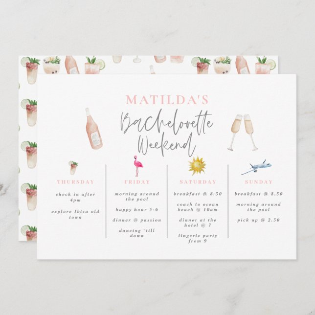 Watercolor drinks bachelorette weekend itinerary (Front/Back)