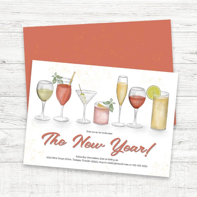 Watercolor Drinks New Year's Eve party Invitation (New Year's Eve Watercolor Cocktail Drinks Custom Invitaitons.)