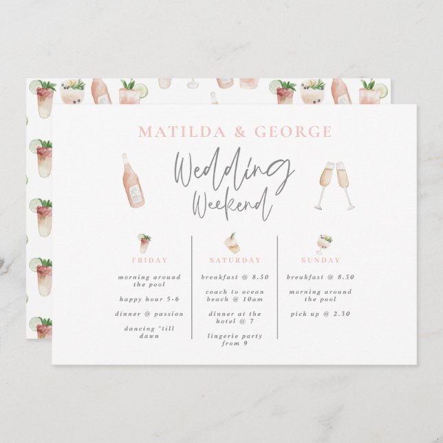 Watercolor drinks wedding weekend itinerary modern (Front/Back)