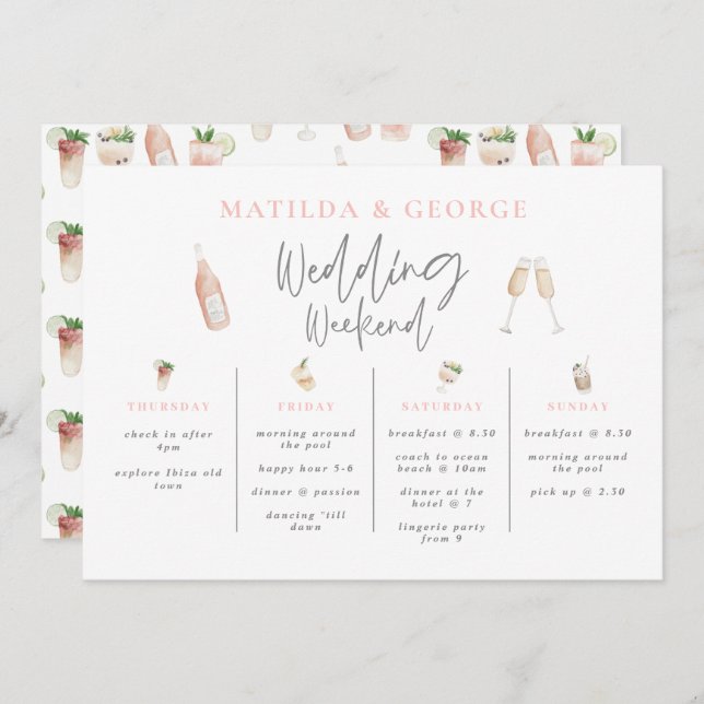 Watercolor drinks wedding weekend itinerary modern (Front/Back)
