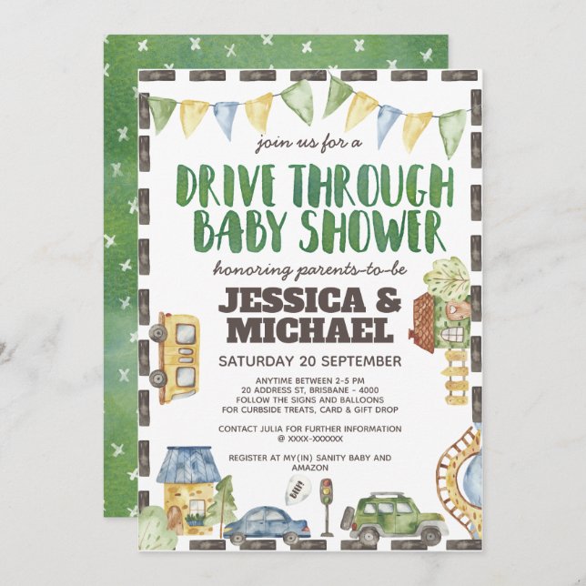 Watercolor Drive Through Baby Shower Invitation (Front/Back)