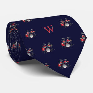 Watercolor Drum Kit Jazz Music Monogrammed Blue Tie