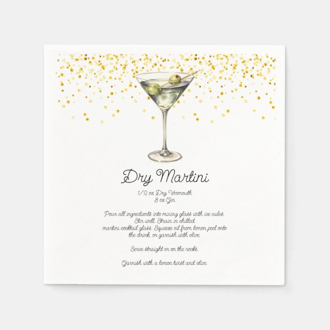 Watercolor Dry Martini Custom Cocktail Recipe Napkin (Front)