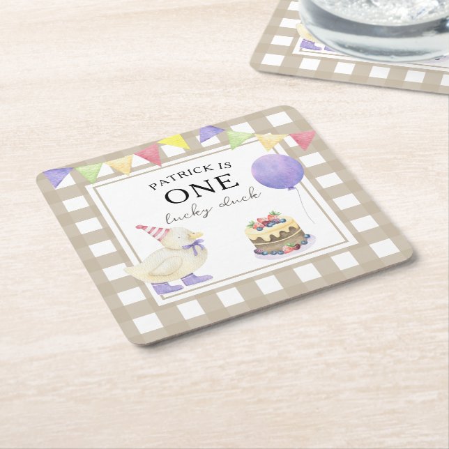 Watercolor Duck 1st birthday Square Paper Coaster (Angled)