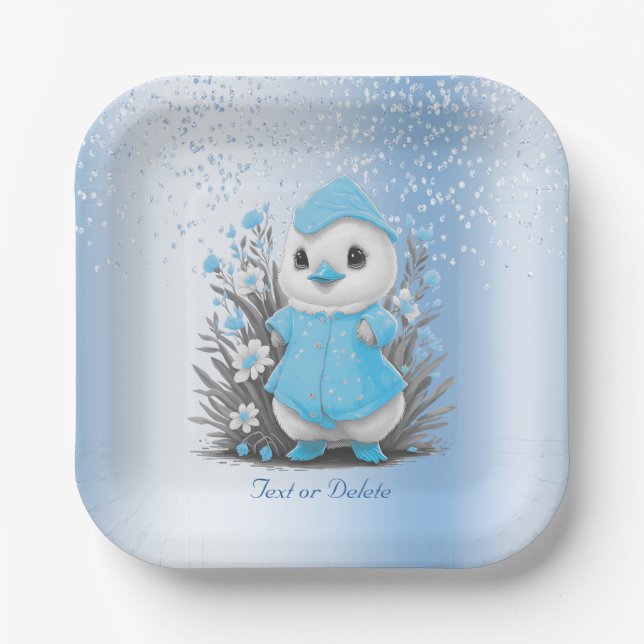 Watercolor Duck Blue Flowers Paper Plate (Front)