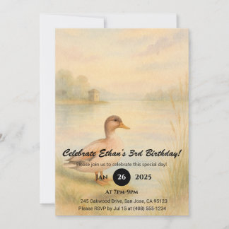 Watercolor Duck by the Lakeside at Sunset Birthday Invitation