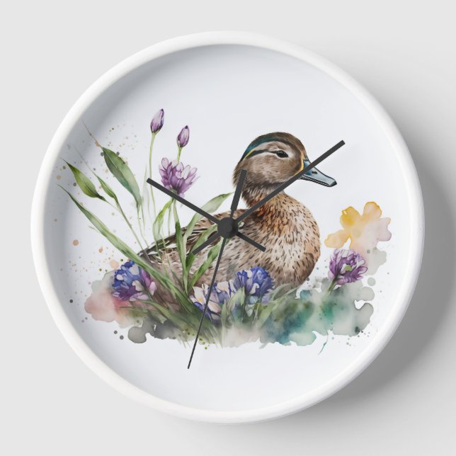 Watercolor Duck In Flowers Clock (Front)