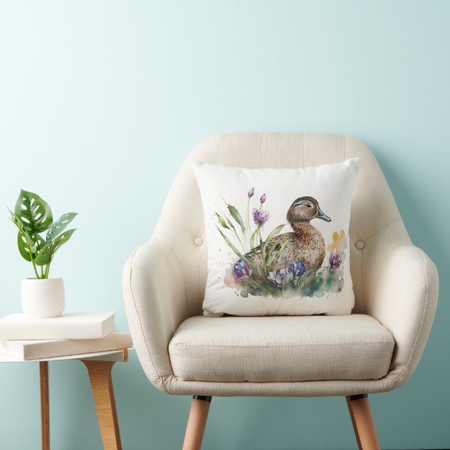Watercolor Duck In Flowers Cushion (Chair)