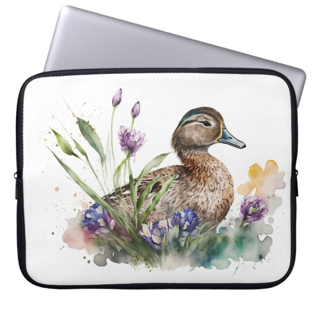 Watercolor Duck In Flowers Laptop Sleeve (Front)