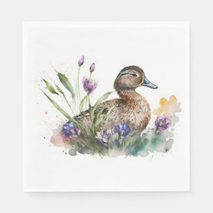 Watercolor Duck In Flowers Napkin