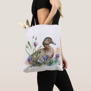 Watercolor Duck In Flowers Tote Bag
