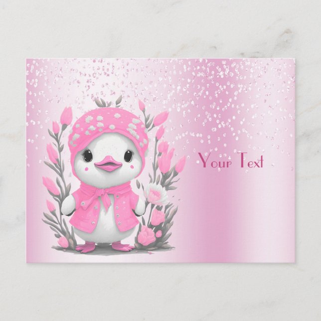 Watercolor Duck Pink Flowers Postcard (Front)