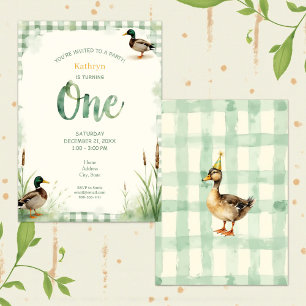 Watercolor Duck Teal, Yellow First Birthday Party Invitation