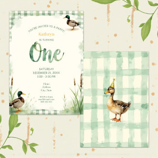 Watercolor Duck Teal, Yellow First Birthday Party Invitation