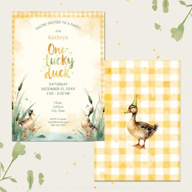 Watercolor Duck Teal, Yellow First Birthday Party Invitation (Creator Uploaded)