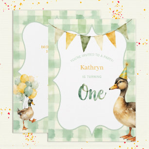 Watercolor Duck Teal, Yellow First Birthday Party Invitation