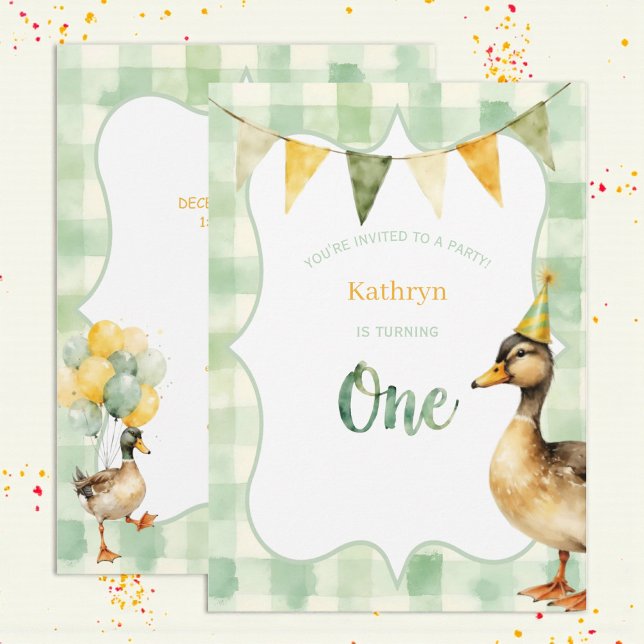 Watercolor Duck Teal, Yellow First Birthday Party Invitation (Creator Uploaded)