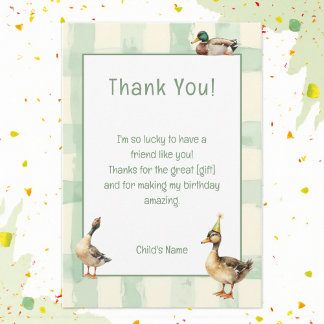 Watercolor Duck with Teal & Yellow Birthday Party Thank You Card