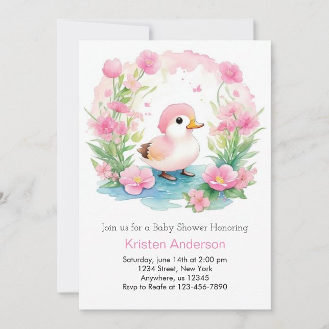 Watercolor Duckling Pink Girl Baby Shower Invitation (Front)