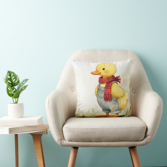Watercolor Duckling Wearing Denim Overalls Cushion (Chair)