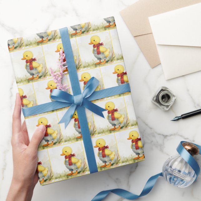Watercolor Duckling Wearing Denim Overalls Wrapping Paper (Gifting)