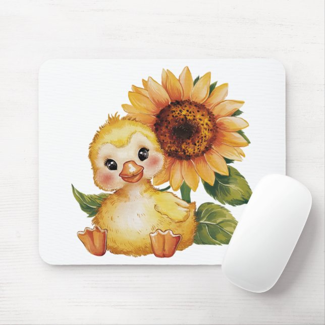 Watercolor Duckling With Sunflower Mouse Pad (With Mouse)
