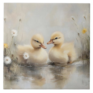 Watercolor Ducklings Dandelion Flowers Ceramic Tile