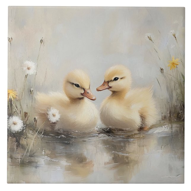 Watercolor Ducklings Dandelion Flowers Ceramic Tile (Front)